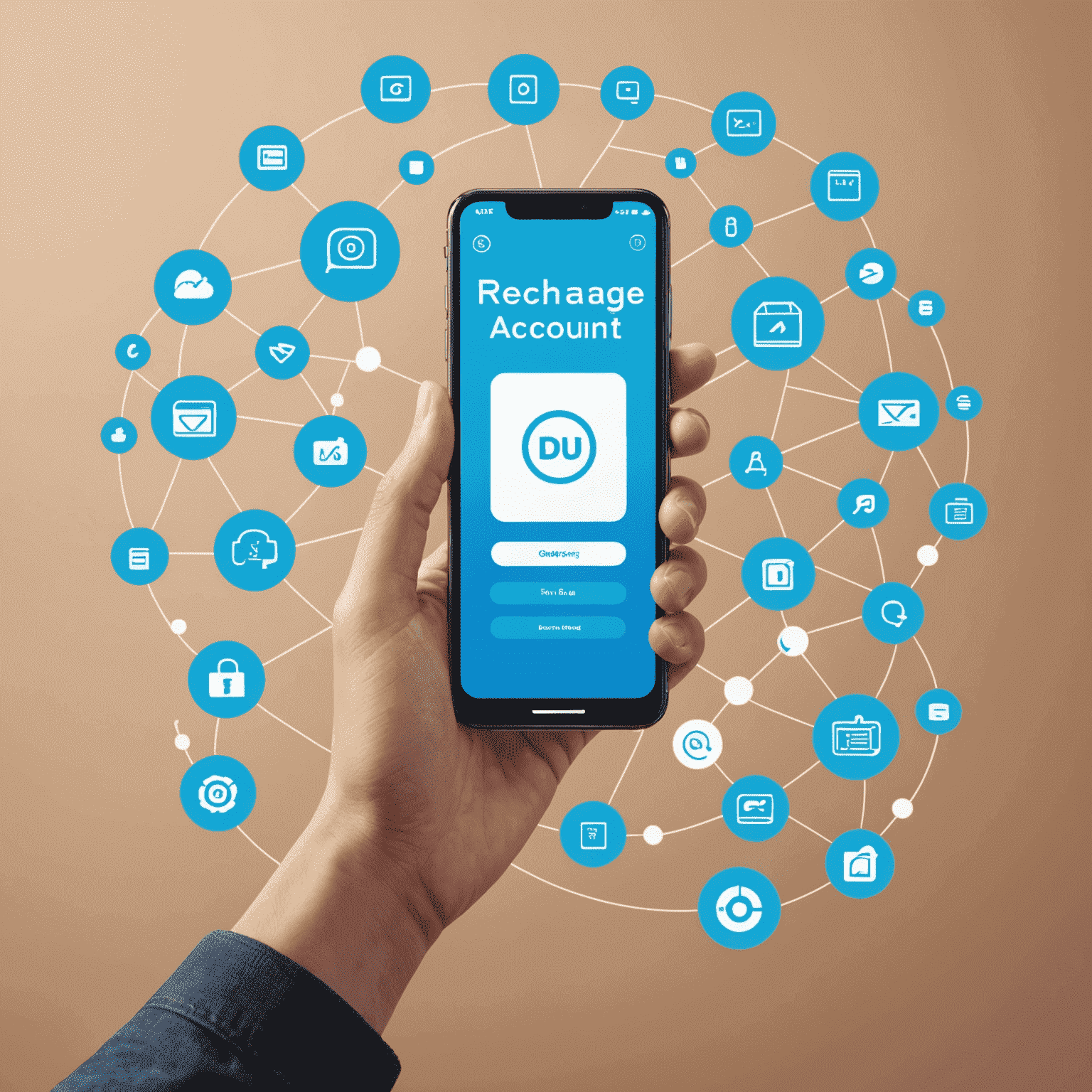 Illustration of a person using a smartphone to recharge their du mobile account, with icons representing various recharge options and benefits floating around the device