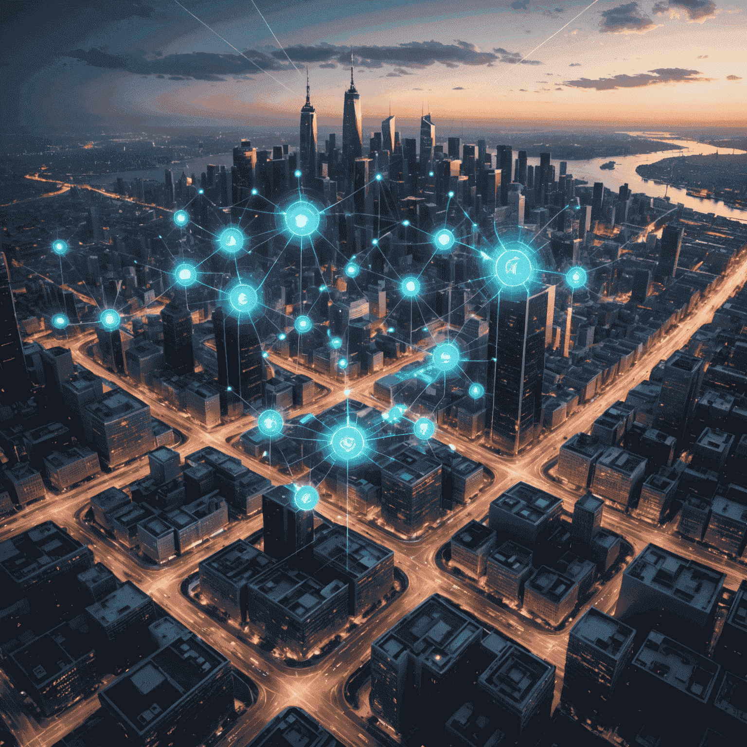 A futuristic visualization of 5G network infrastructure, showing interconnected nodes and high-speed data streams across a cityscape
