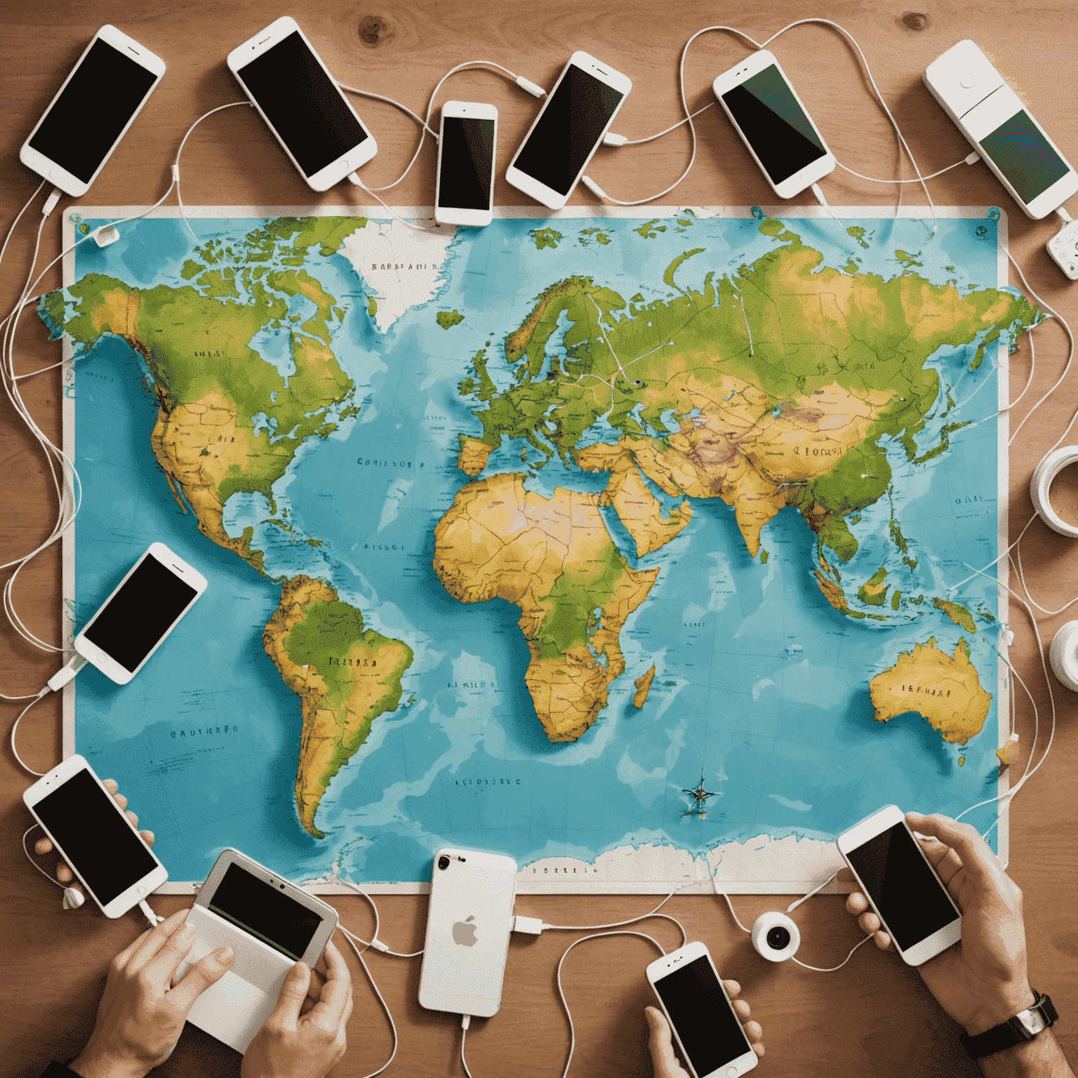 A world map with connected mobile devices, representing international roaming services