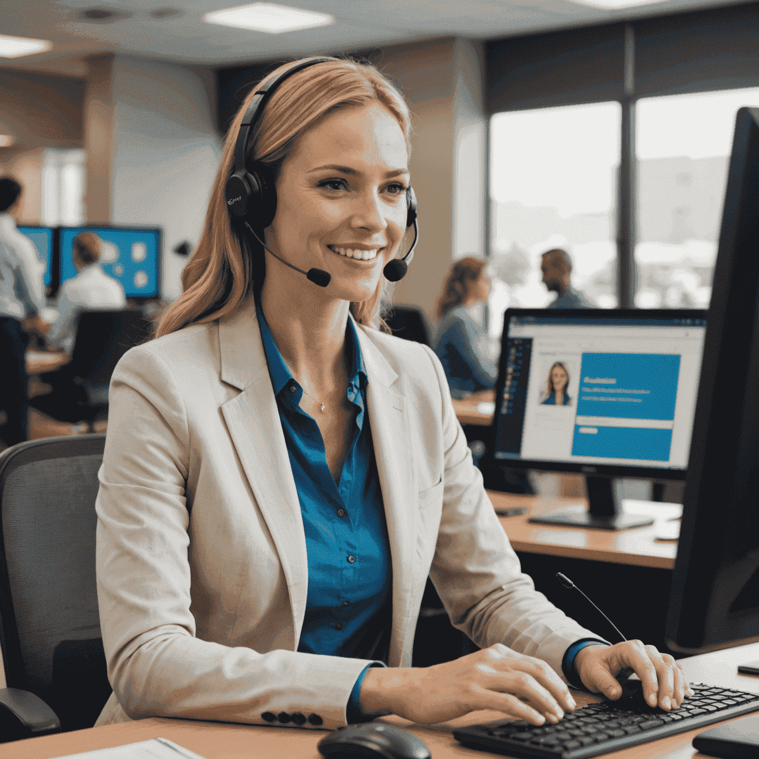 A customer service representative chatting with a client on a computer screen, showcasing online support for mobile communication issues