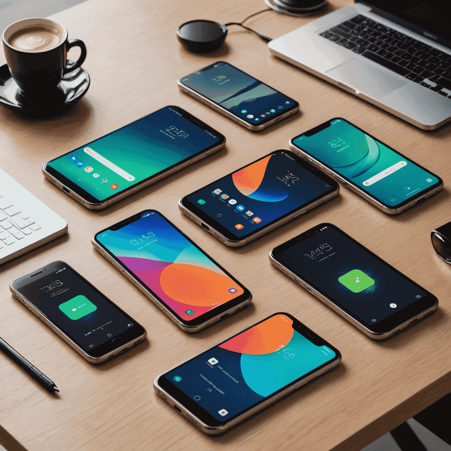 Various new smartphone models displayed on a sleek, modern table with specs and features highlighted around them