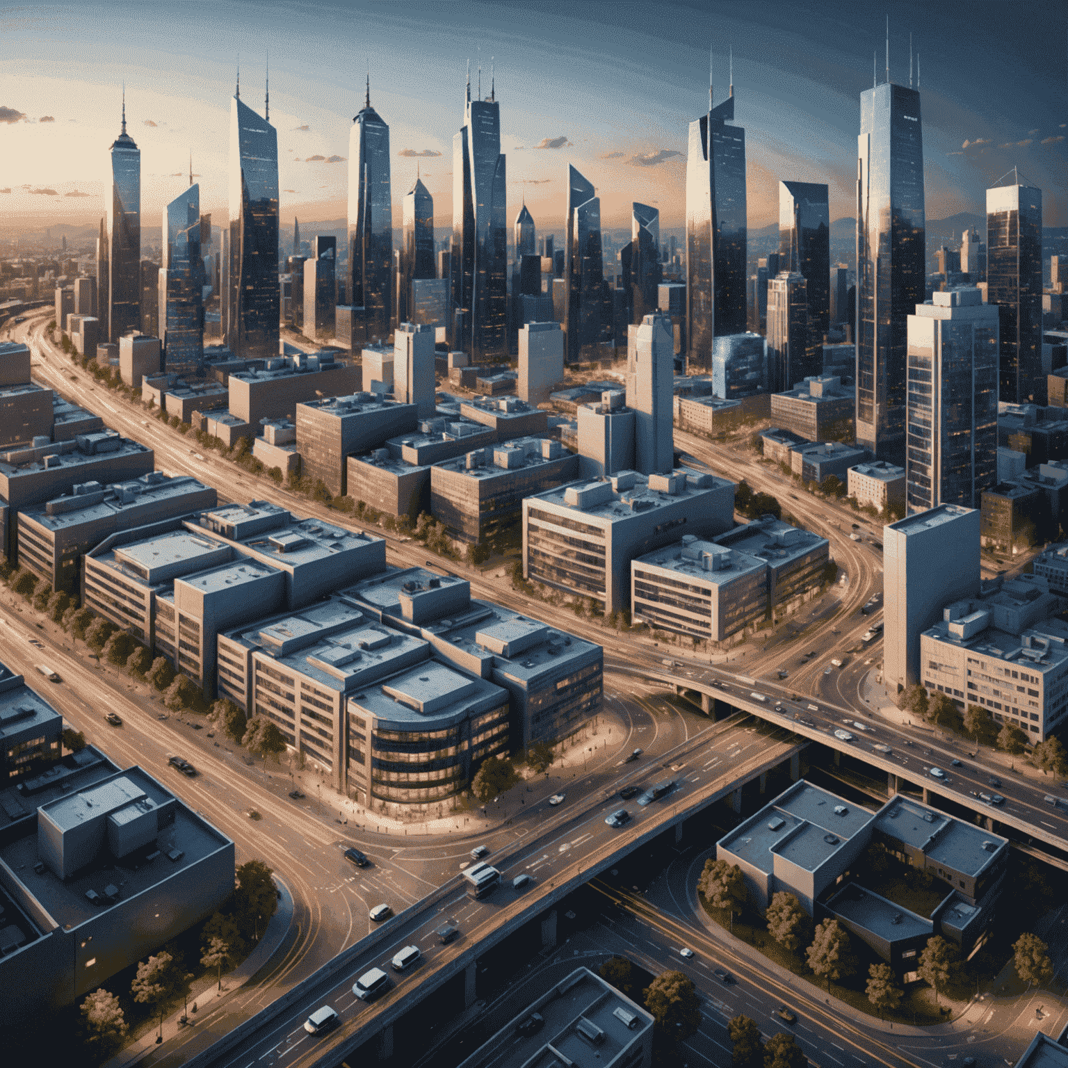 A modern cityscape showcasing various 5G-enabled technologies like smart traffic systems, connected vehicles, and IoT devices integrated into urban infrastructure