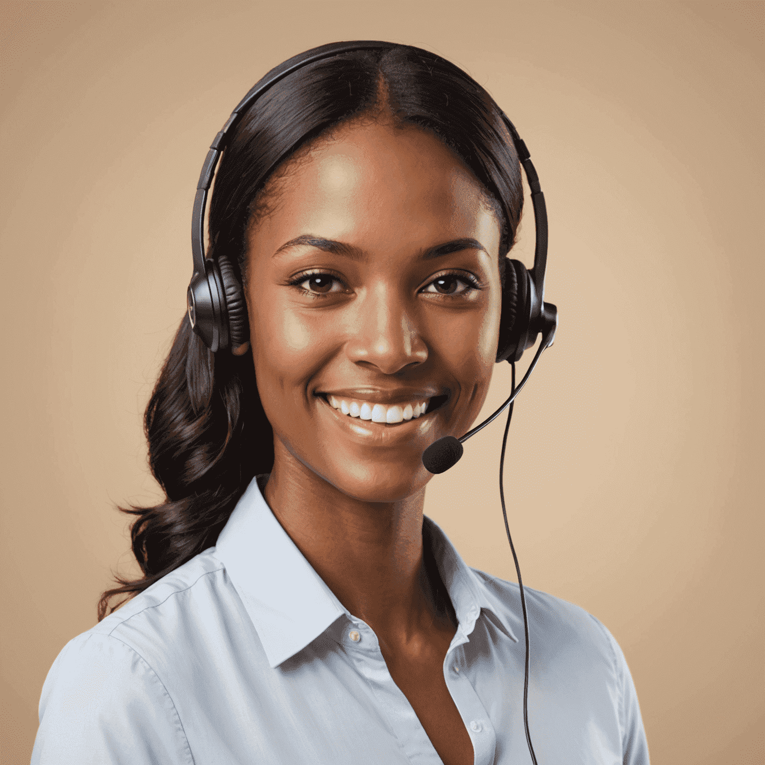 A smiling customer service agent wearing a headset, representing phone support for mobile communication services