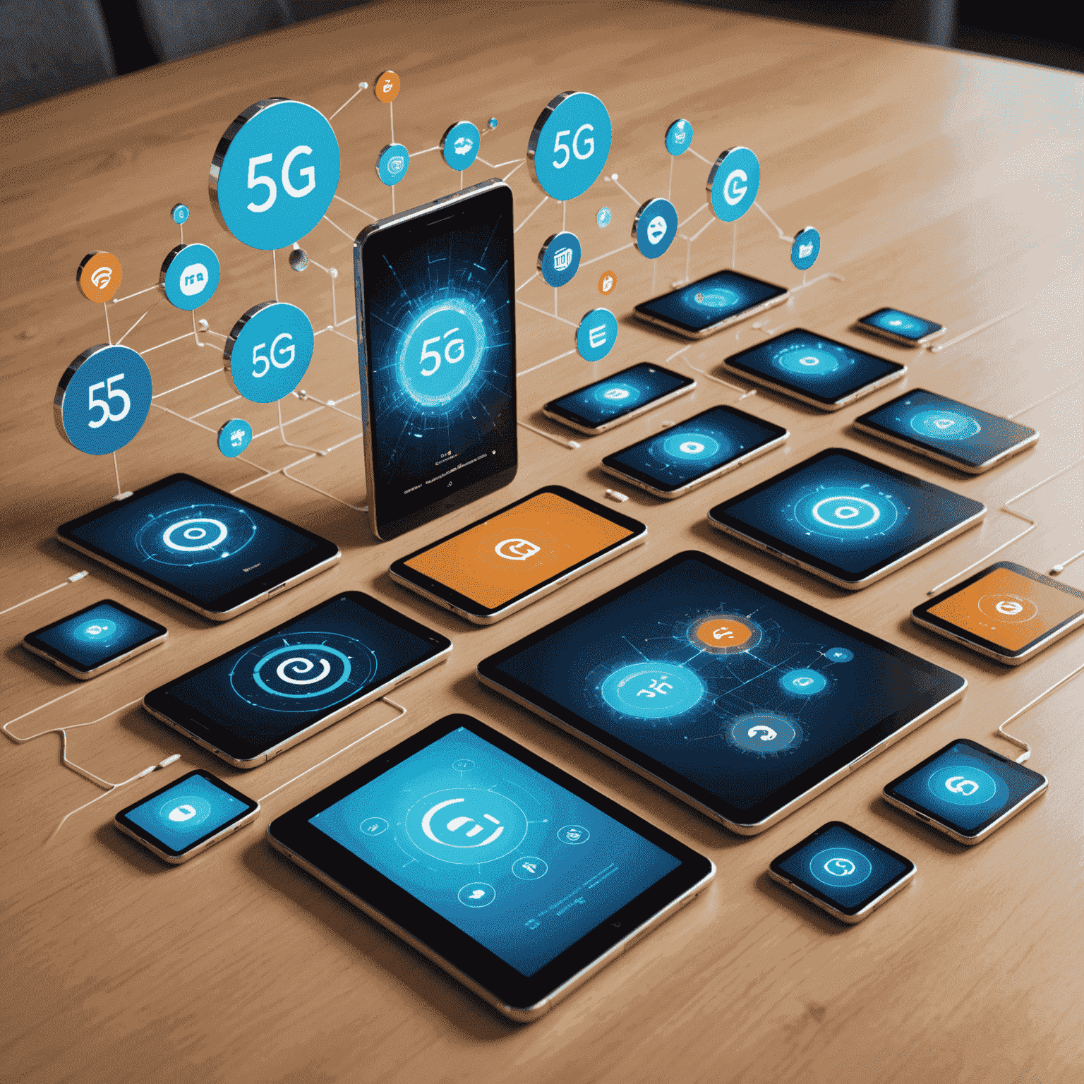 An array of modern smartphones and tablets showcasing 5G connectivity symbols and displaying high-speed data transfer visualizations