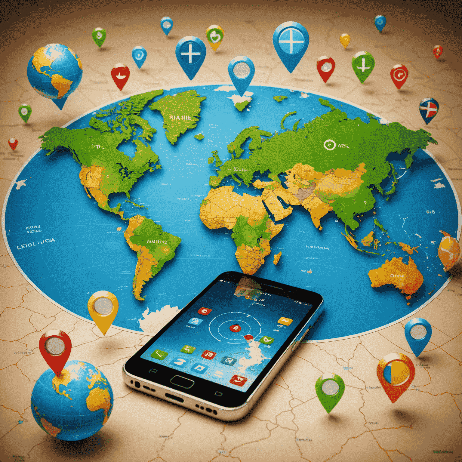 World map with highlighted countries and mobile phone icons, representing global connectivity