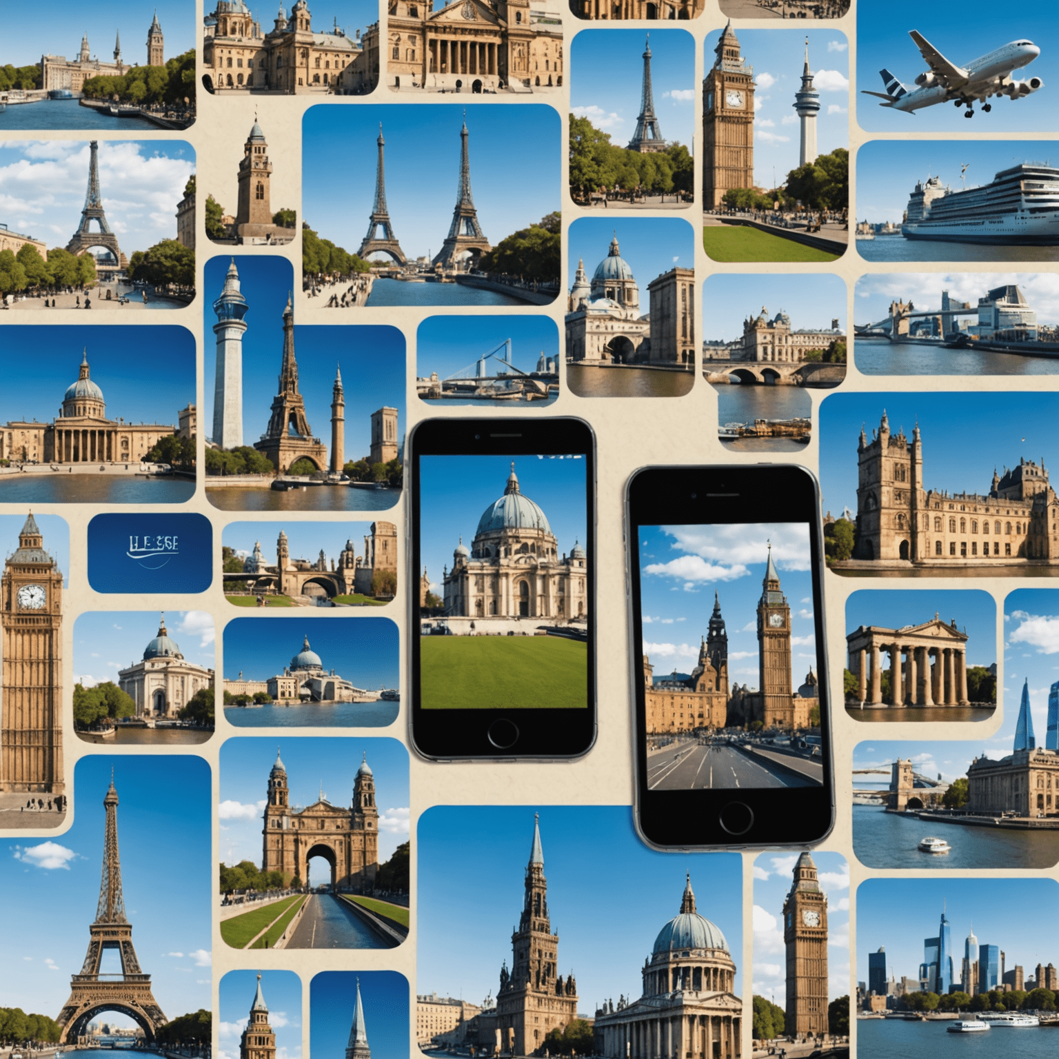 A collage of international landmarks with mobile devices, symbolizing global connectivity