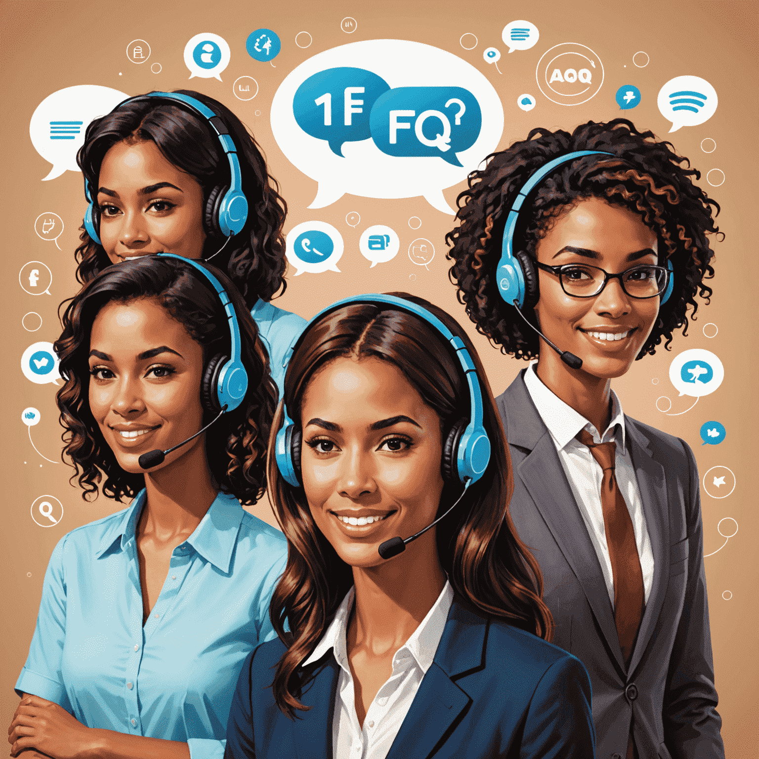 Friendly customer service representatives with headsets, surrounded by chat bubbles, phone icons, and FAQ symbols